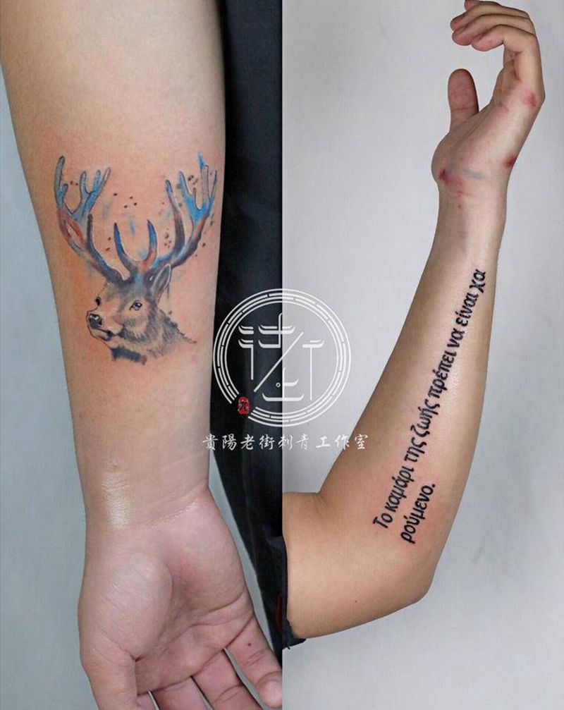 翔子作品，鹿头和希腊字母。纹身图片_手部点刺几何麋鹿纹身图案