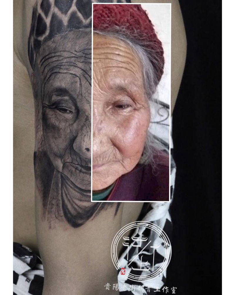 翔子作品（未完成）肖像。挂念外纹身图片_手臂欧美写实肖像纹身图案