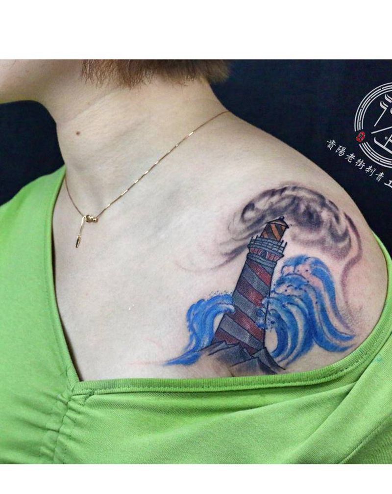 翔子作品，肩膀上的灯塔。纹身图片_肩部老传统灯塔纹身图案