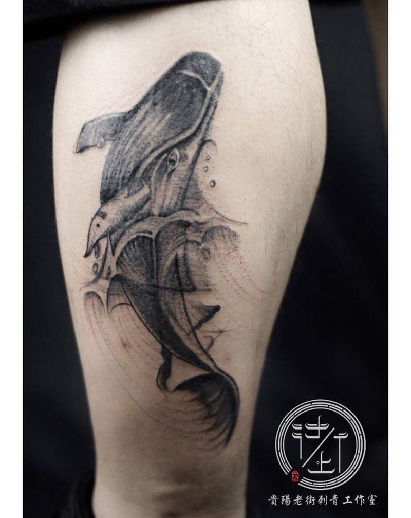 鲸鱼纹身图片_腿部几何点刺鲸鱼纹身图案