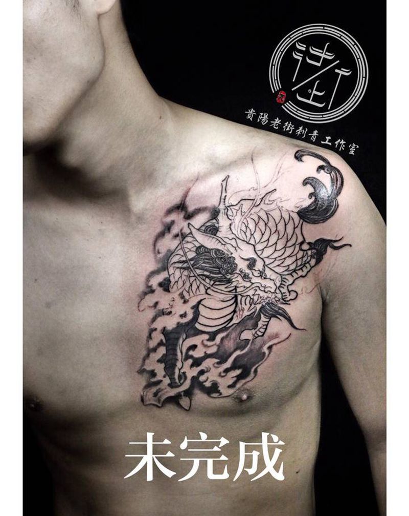 翔子作品，来一个传统麒麟（未完纹身图片_手部新传统麒麟纹身图案