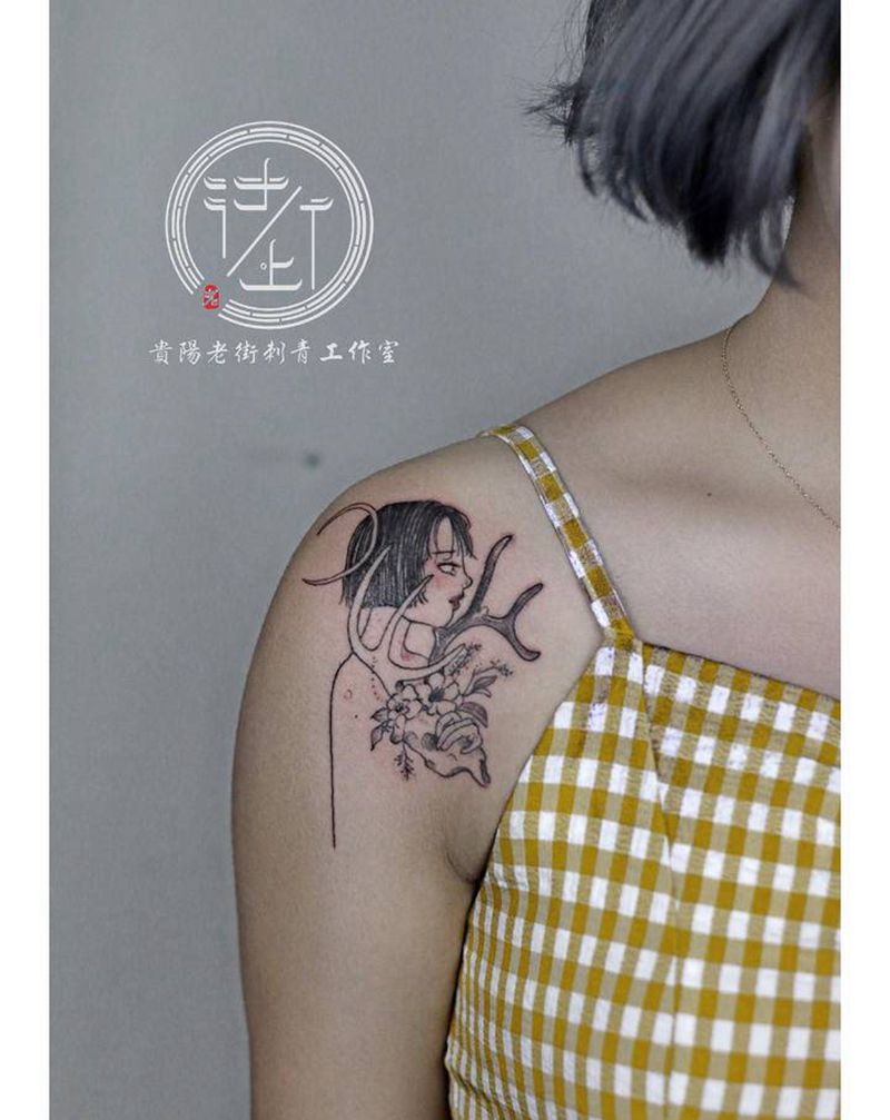 翔子作品，小清新的女头。纹身图片_肩部几何小清新纹身图案