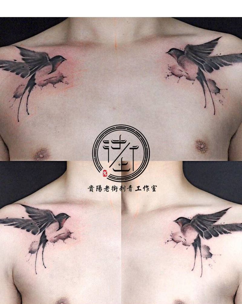 翔子作品，双肩燕子。纹身图片_肩部水墨燕子纹身图案
