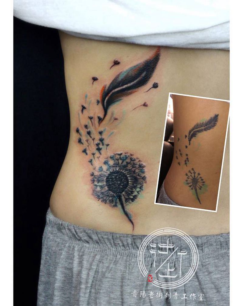 修改纹身纹身图片_背部点刺几何蒲公英纹身图案