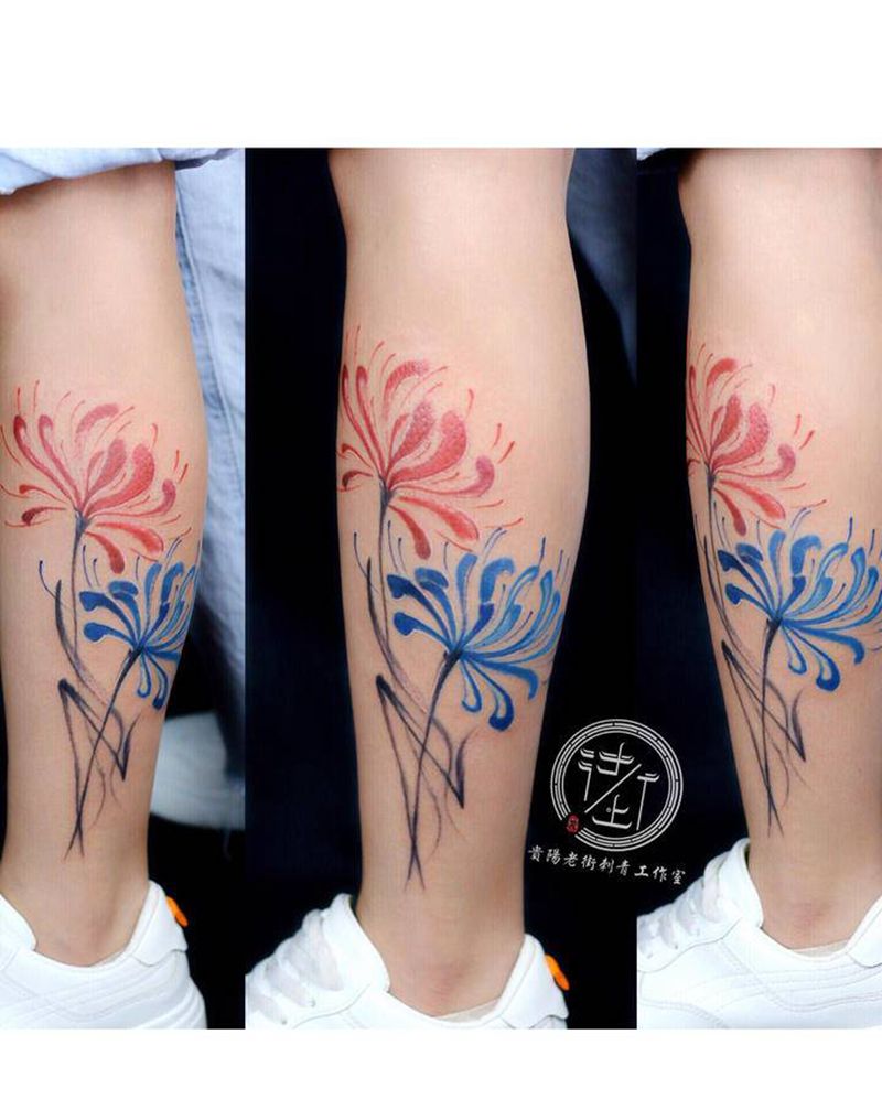 翔子作品，彼岸花，纹身图片_腿部水彩彼岸花纹身图案