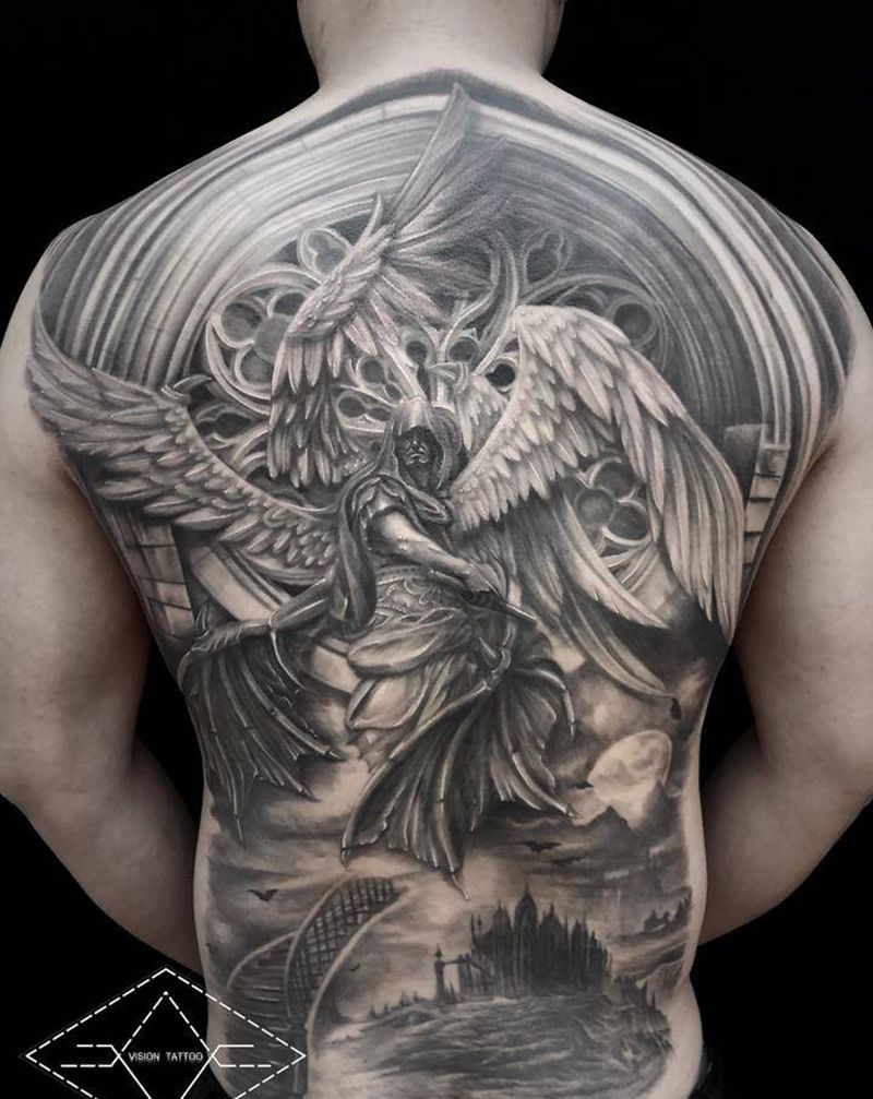 路西法满背纹身图片_背部欧美写实满背路西法纹身图案