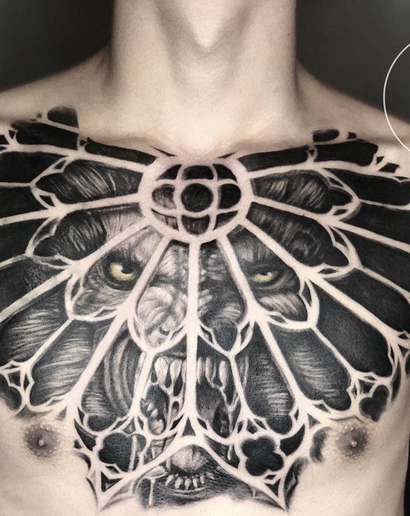 前胸遮盖纹身图片_胸部欧美写实遮盖狼纹身图案