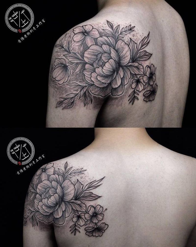 翔子作品，素花。纹身图片_肩部背部点刺素花纹身图案