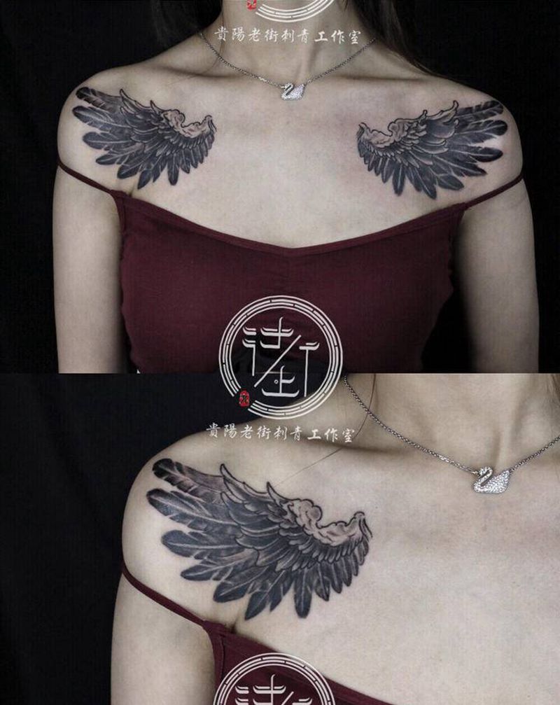 翔子作品，翅膀（未完成）差一次纹身图片_肩部欧美写实翅膀纹身图案