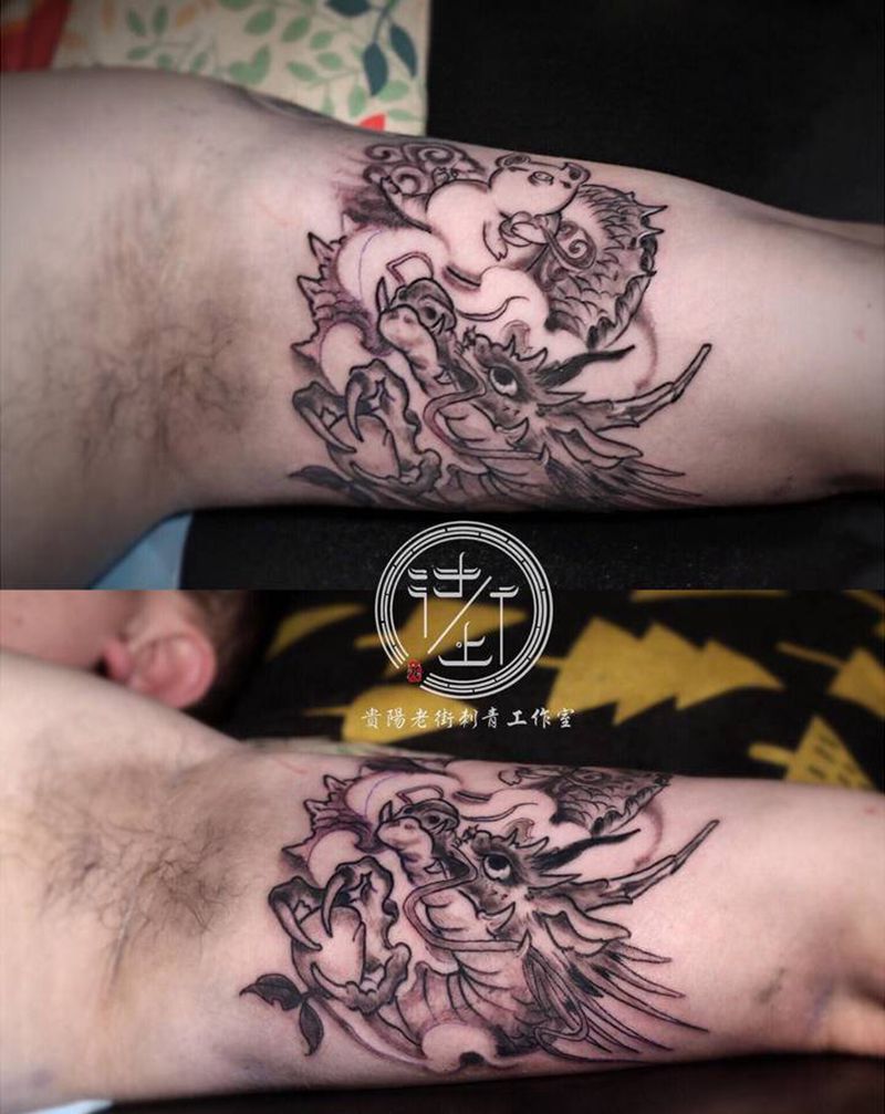 翔子作品，客人两个儿子的属相，纹身图片_手臂新传统龙猪纹身图案