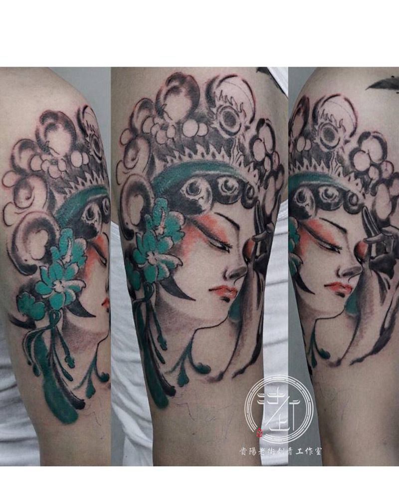 翔子作品，水墨花旦。纹身图片_手臂水墨花旦纹身图案