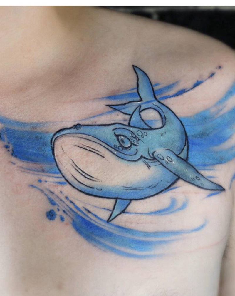 看海天一色 听风起雨落纹身图片_胸部水彩鲸鱼无上水彩纹身图案