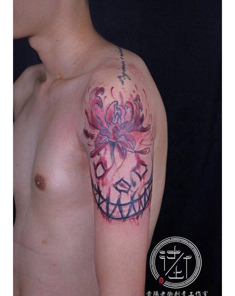 翔子作品，彼岸花和诡异的笑脸。纹身图片_手臂水墨彼岸花纹身图案