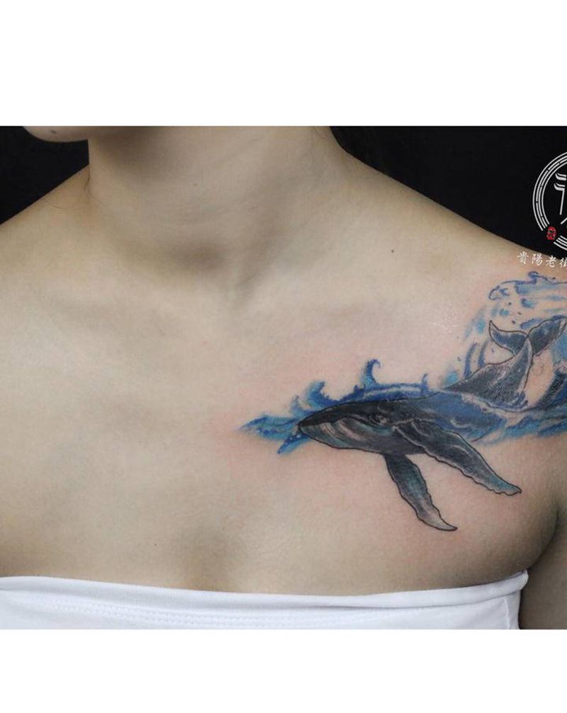 翔子作品，遮盖旧纹身，重生，鲸纹身图片_肩部水彩点刺鲸鱼纹身图案