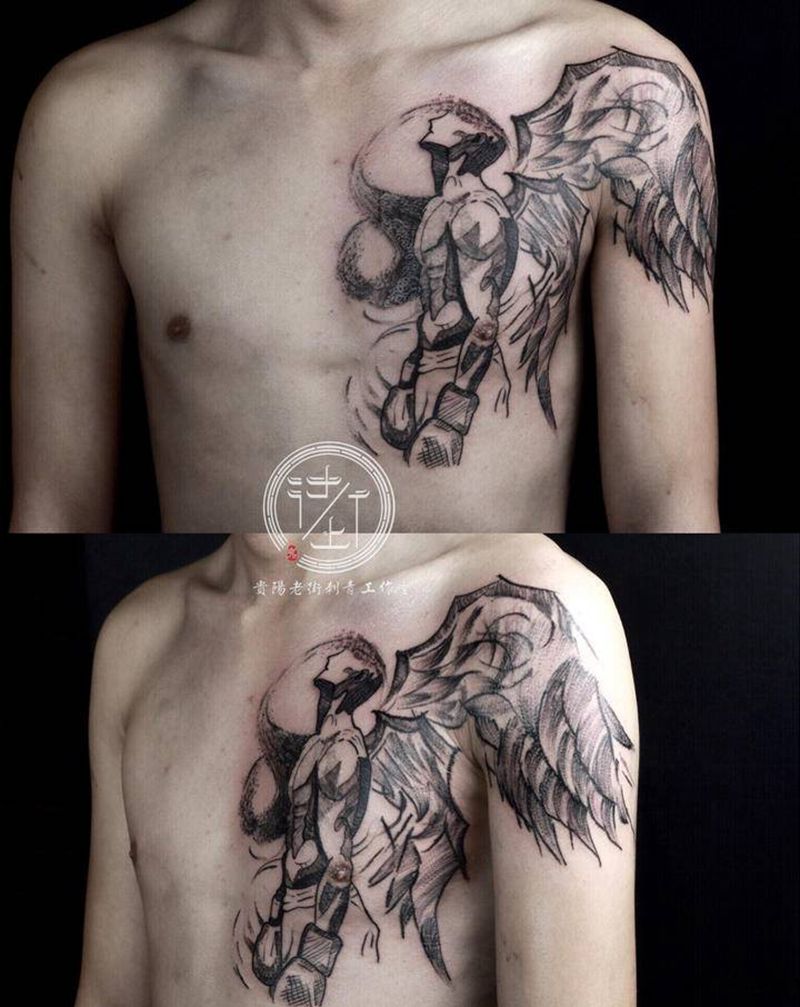 天使纹身图片_胸部手臂点刺天使纹身图案