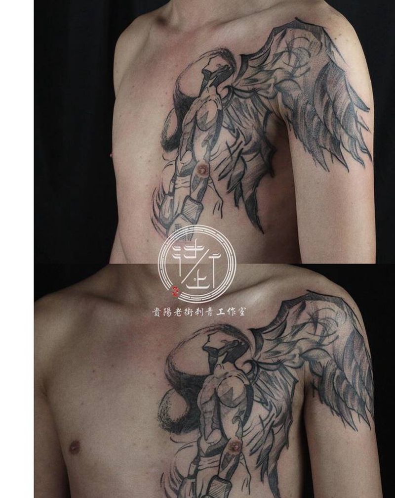 天使纹身图片_胸部手臂点刺几何天使纹身图案