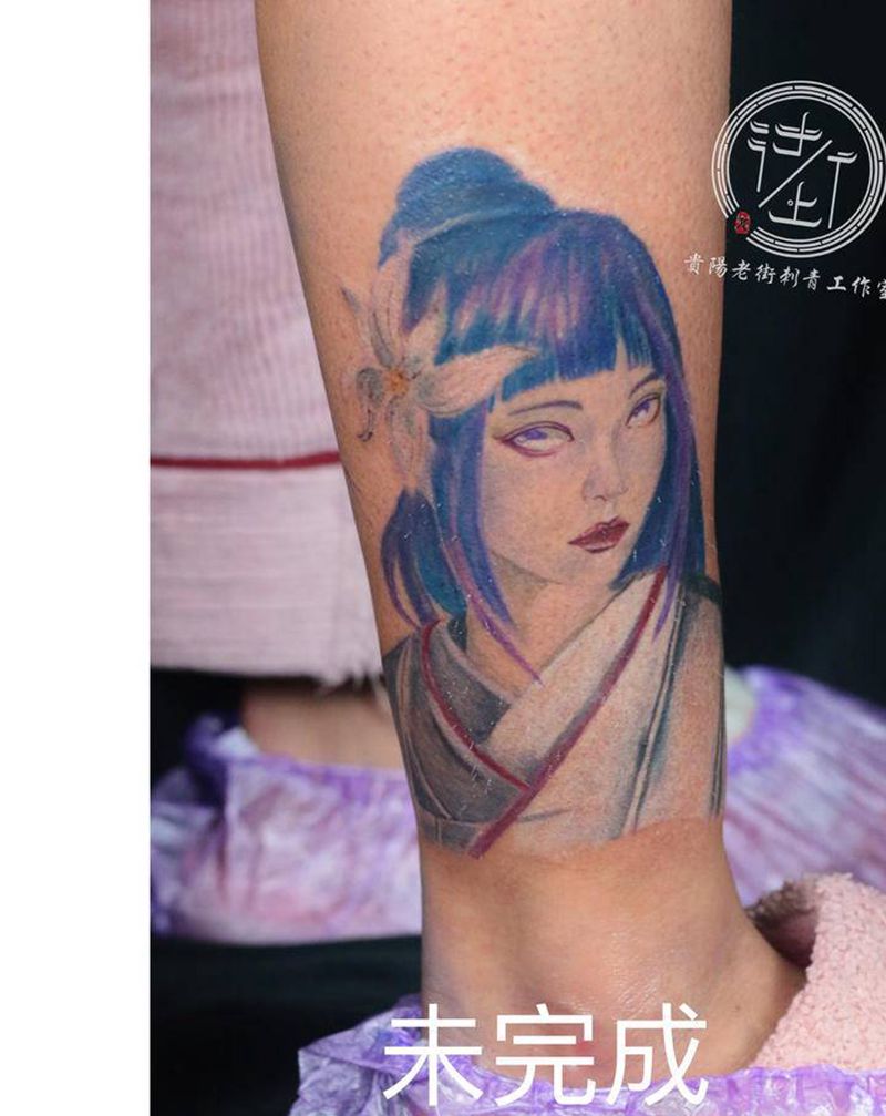 雏田纹身图片_脚部水彩火影纹身图案