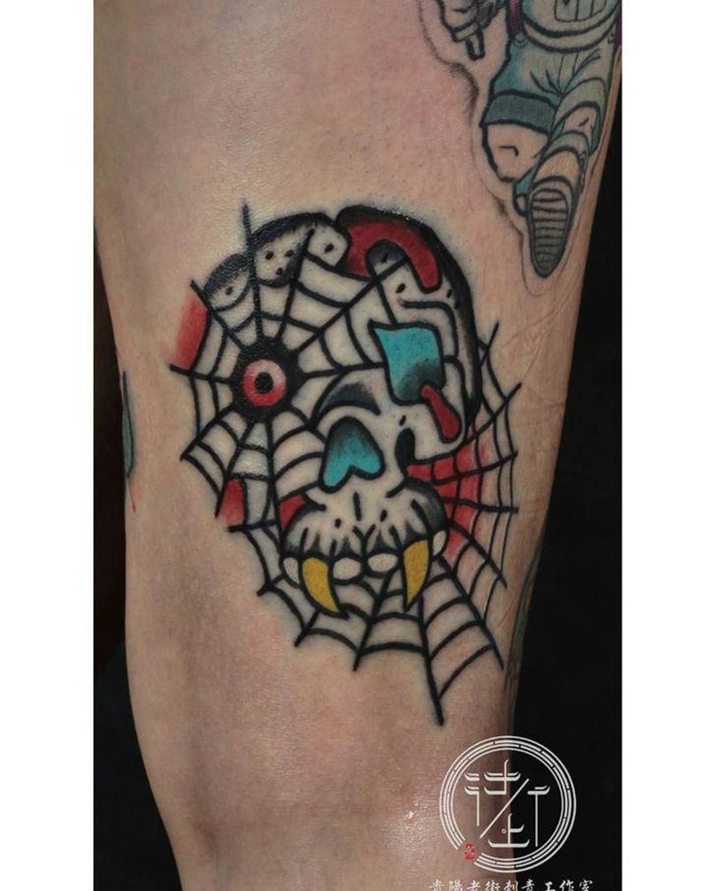 骷髅头纹身图片_腿部Old School骷髅头蜘蛛网纹身图案