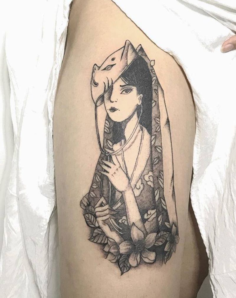 艺伎纹身图片_腿部点刺艺伎纹身图案