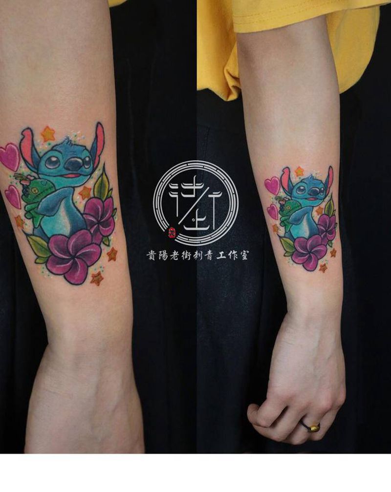 史迪仔纹身图片_手臂水彩史迪仔纹身图案