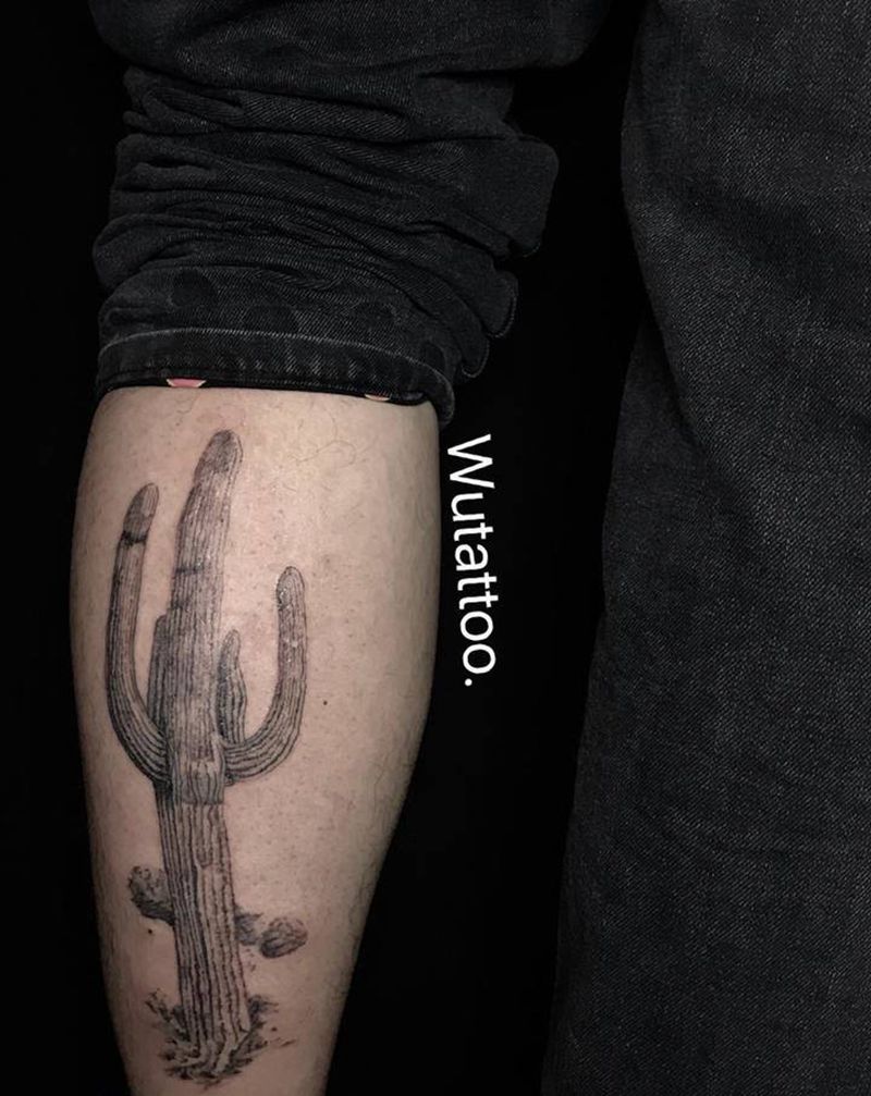 野蛮生长纹身图片_腿部欧美写实仙人掌纹身图案