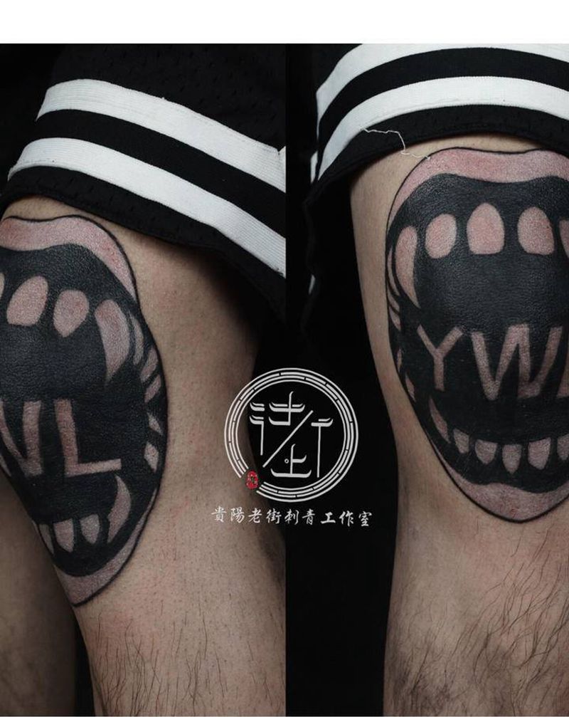 膝盖纹身图片_腿部Old School图腾膝盖纹身图案