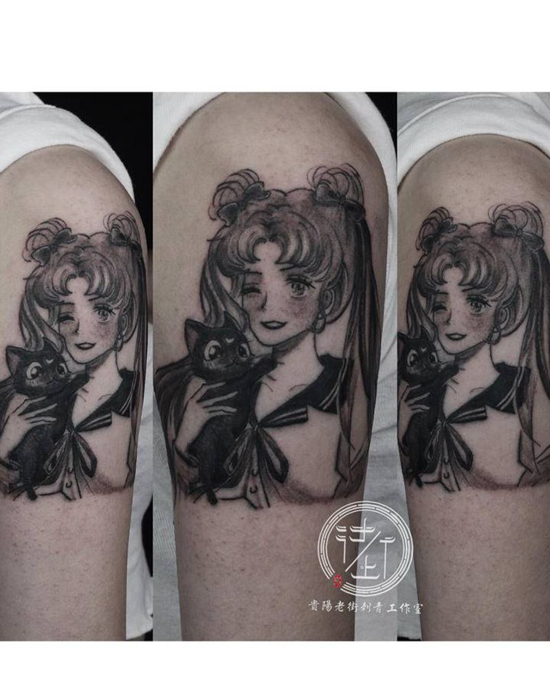 美少女战士纹身图片_手臂点刺几何美少女美少女战士水冰月纹身图案