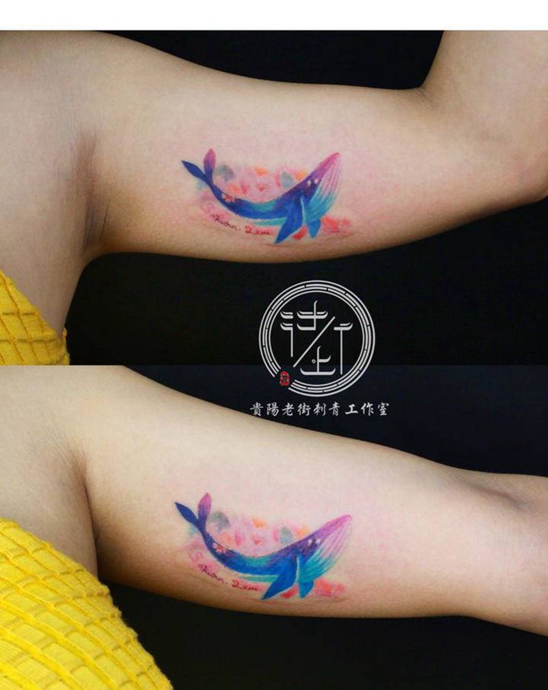 鲸鱼纹身图片_手臂水彩鲸鱼纹身图案