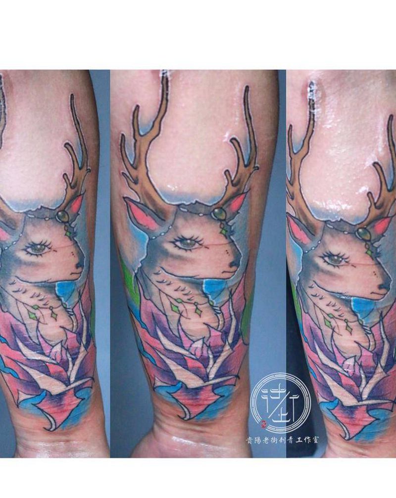 麋鹿纹身图片_手臂水彩麋鹿纹身图案