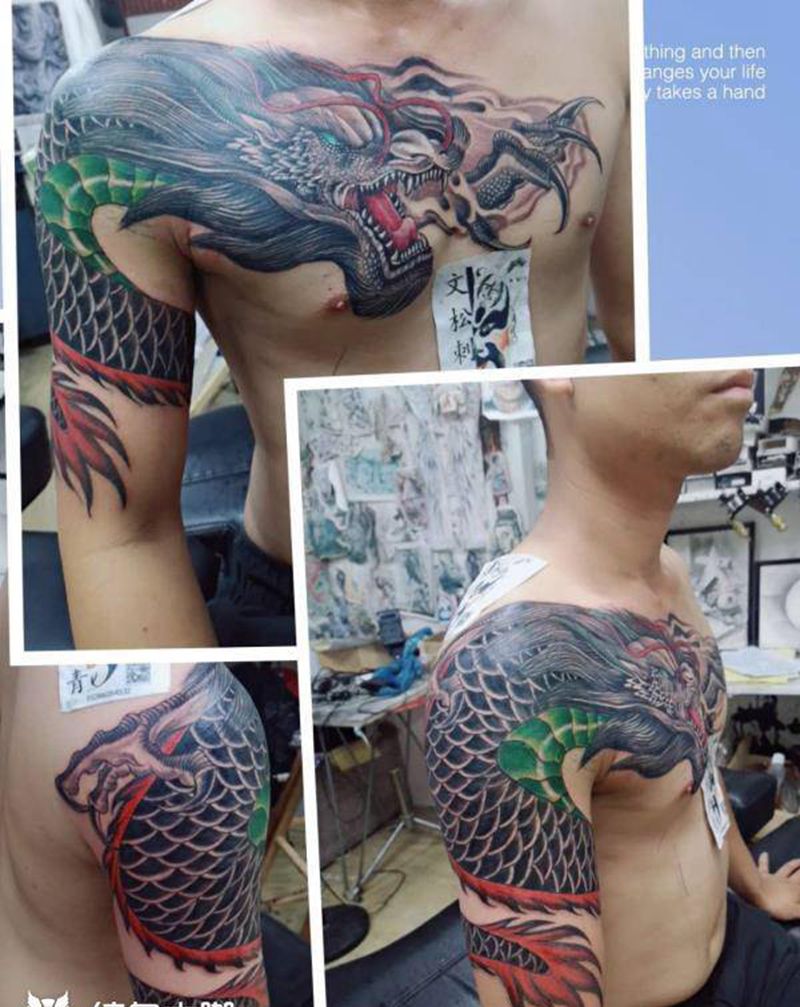 龙遮盖龙纹身图片_胸部纹身图案