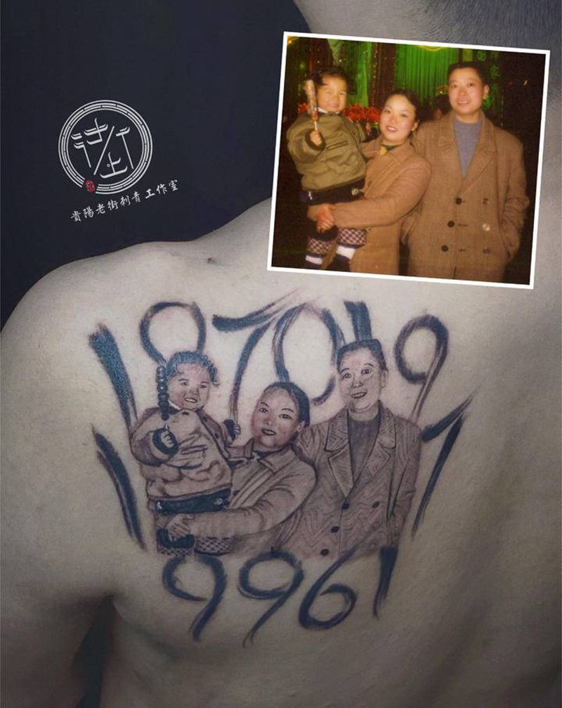 一家三口纹身图片_背部欧美写实点刺人物纹身图案