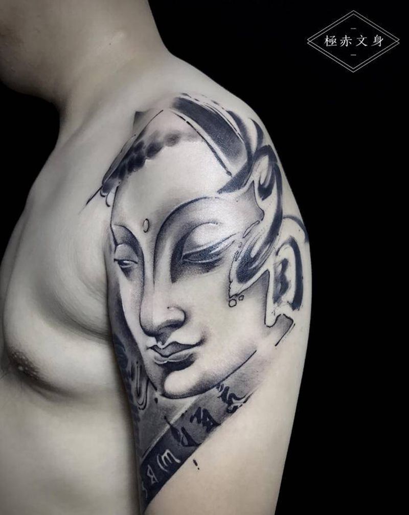 水墨书法佛头纹身图片_手臂水墨书法水墨纹身图案