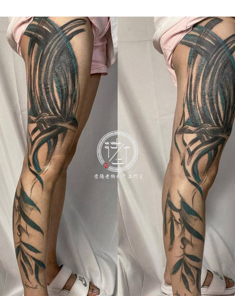 旧纹身纹身图片_腿部水墨遮盖纹身图案
