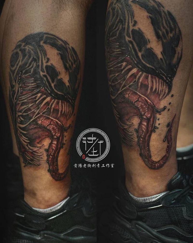 毒液纹身图片_腿部欧美写实毒液纹身图案