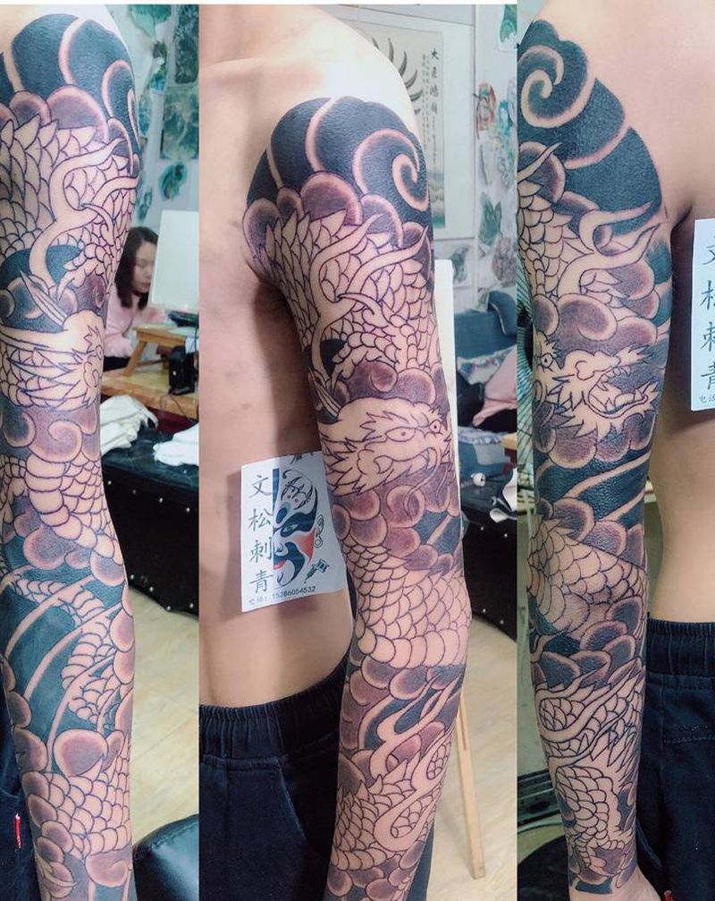 老传统花臂龙(未完)纹身图片_手臂纹身图案