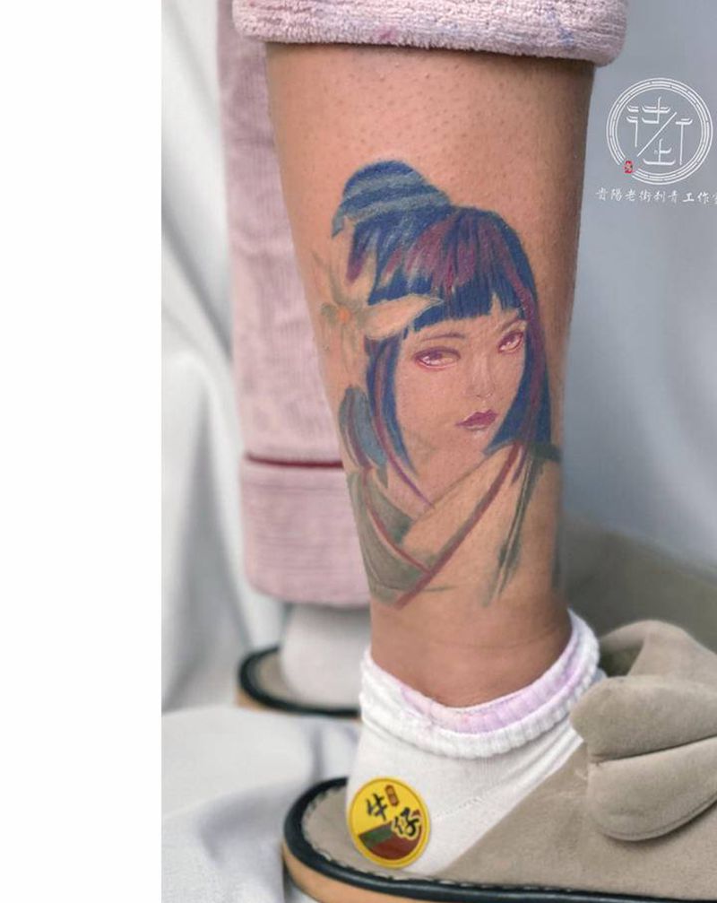 雏田纹身图片_腿部水彩雏田火影忍者纹身图案