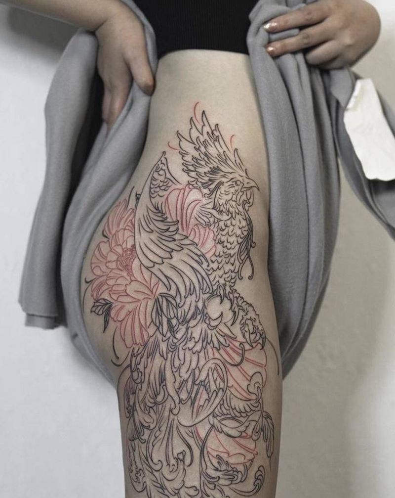 大腿凤凰纹身图片_腿部纹身图案