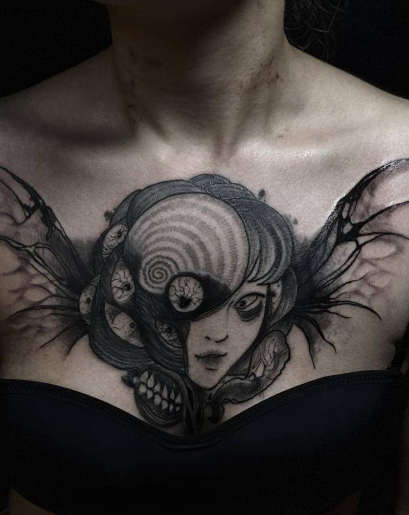 花胸未完待续纹身图片_胸部欧美写实暗黑纹身图案