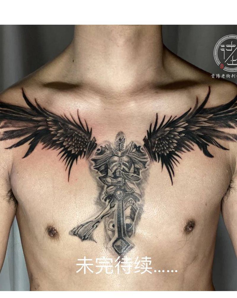 天使骑士纹身图片_胸部天使骑士纹身图案