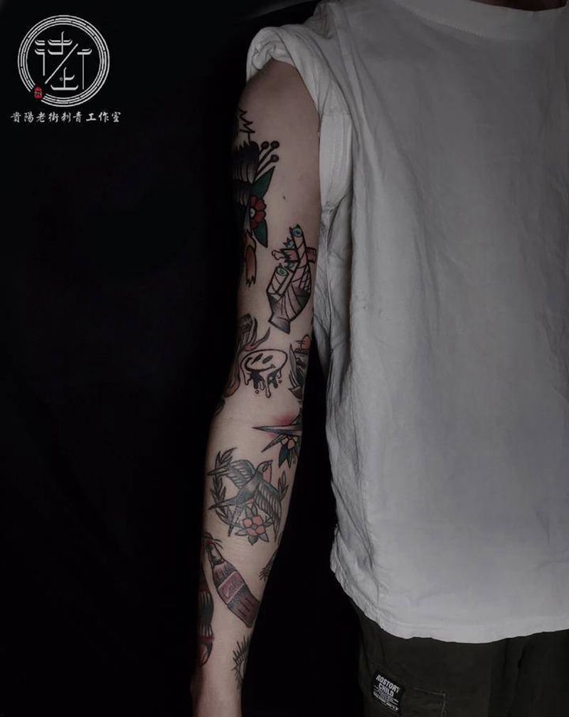 Oldschool拼接花臂纹身图片_手臂手部Old School拼接花臂纹身图案
