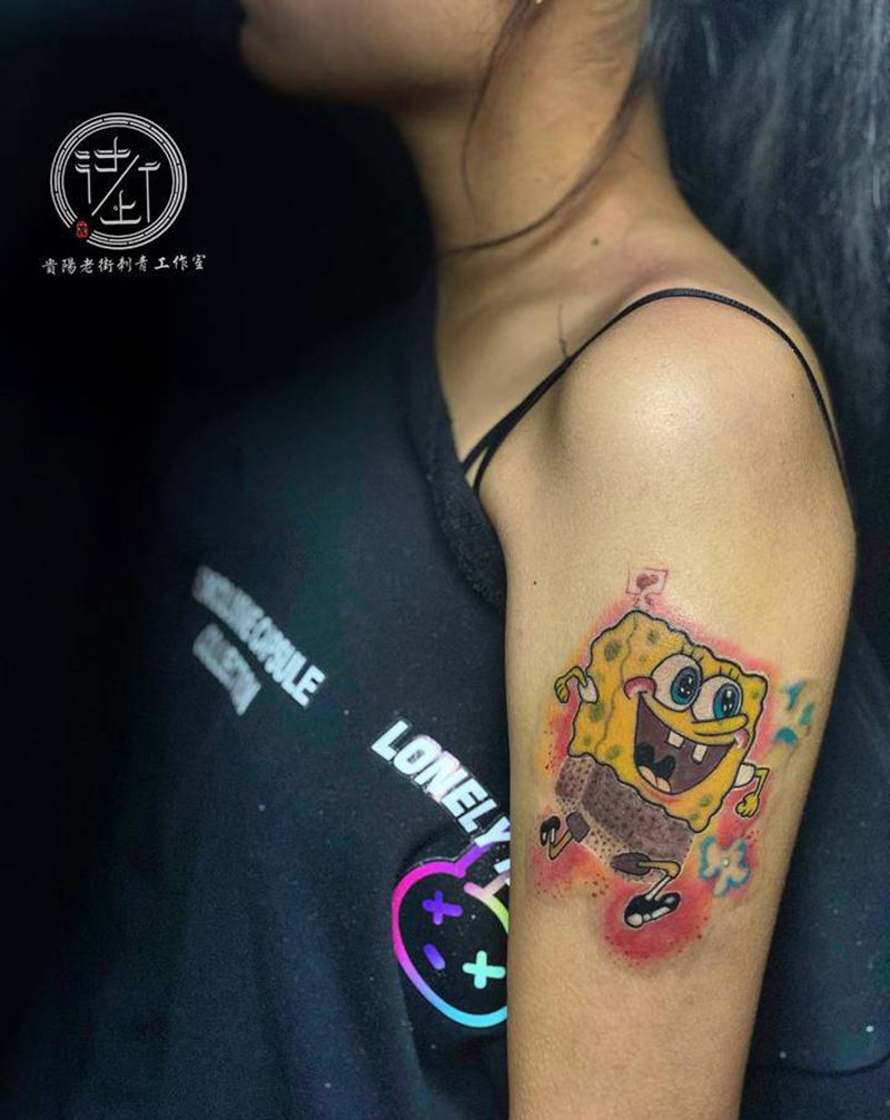 海绵宝宝纹身图片_手臂水彩海绵宝宝纹身图案