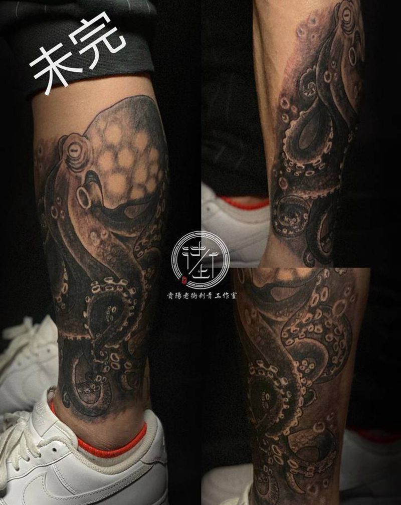 章鱼纹身图片_腿部欧美写实章鱼纹身图案