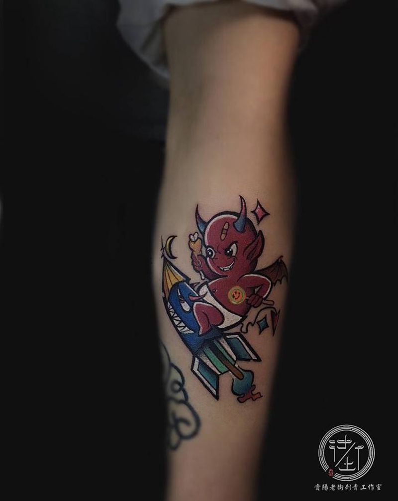 原创小恶魔纹身图片_手臂New School拼接纹身图案