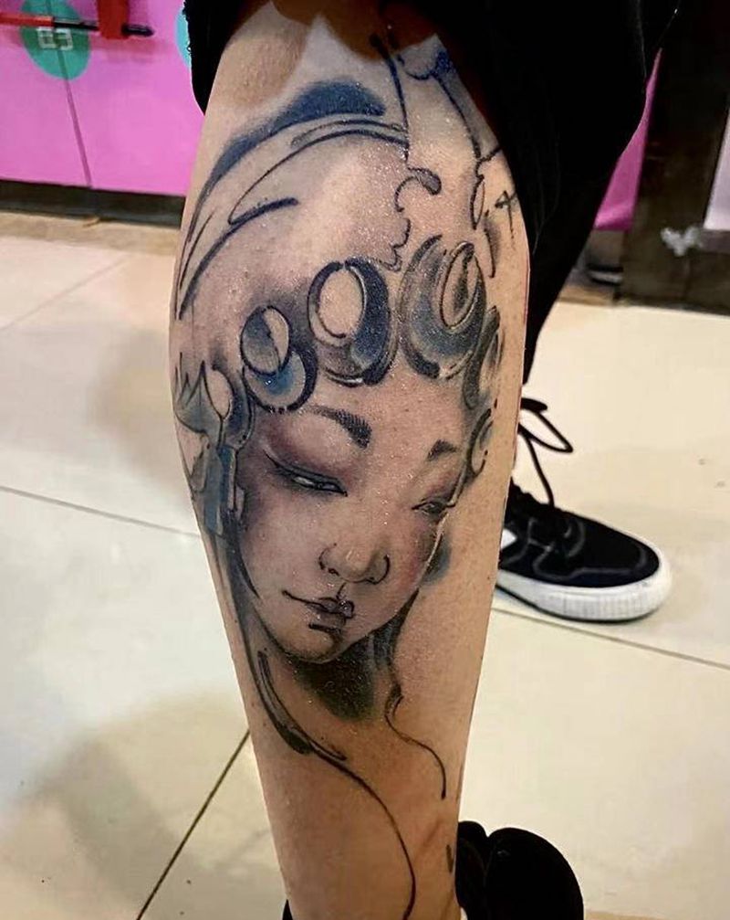 恢复照纹身图片_腿部水墨花旦水墨纹身图案