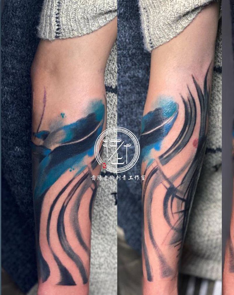 水墨遮盖纹身图片_手臂水墨鲸鱼纹身图案