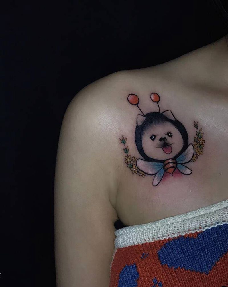 卡通小狗纹身图片_肩部New School纹身图案