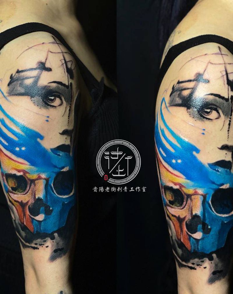 水彩纹身图片_手臂欧美写实水彩遮盖纹身图案