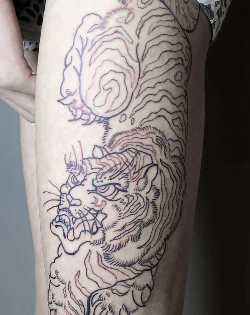 老虎线条纹身图片_腿部老传统纹身图案