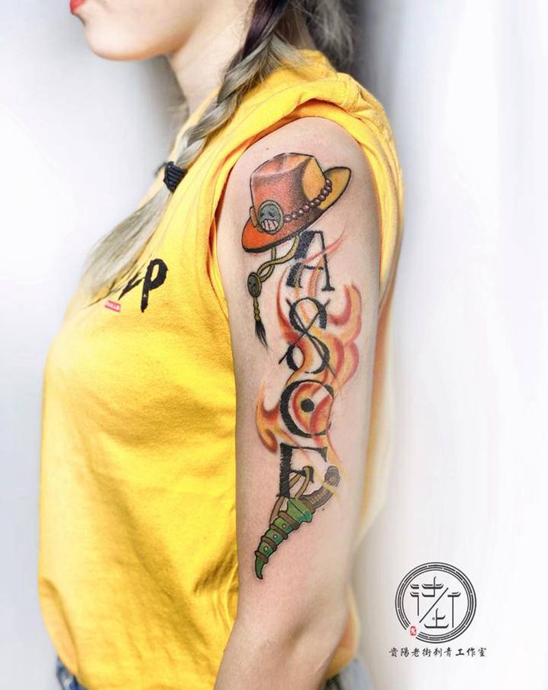 艾斯纹身图片_手臂水彩海贼王纹身图案