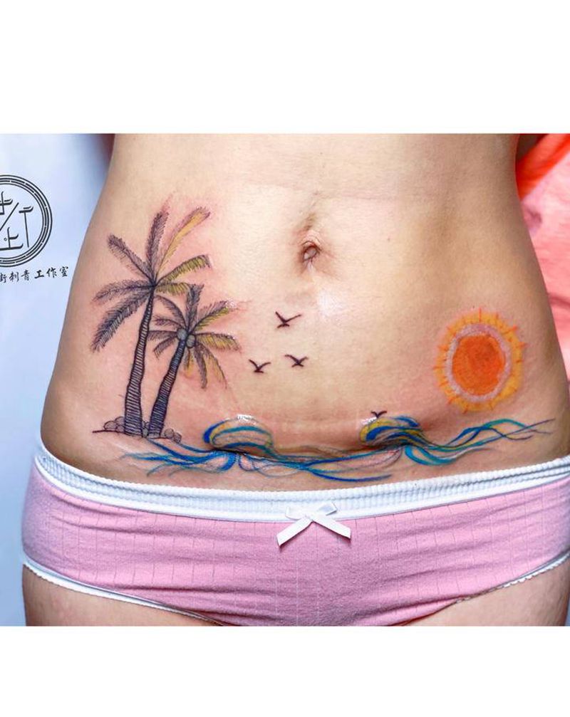 遮盖剖腹产纹身图片_腹部水彩遮盖剖腹产纹身图案